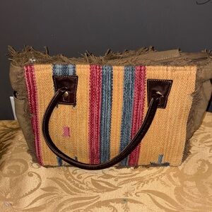Myra Bag Multicolor Striped Woven Tote with Brown Handles